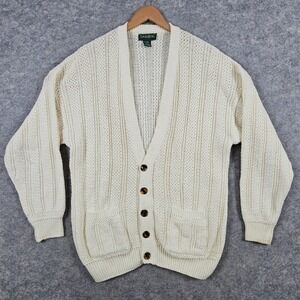 Savile Row Men's‎ Knit Cardigan Sweater Ivory/Cream Button Front Size L SPOTS